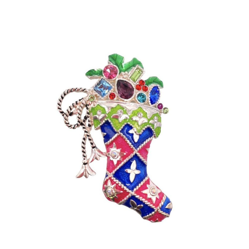 Vintage Signed Christopher Radko Christmas Rhinestone Stocking Brooch Green Blue